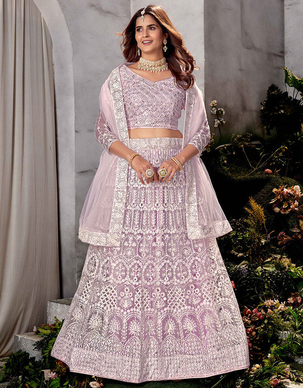 Traditional Designear Party Wear Heavy Net Lehenga Choli Collection Lavender Net Lehenga Choli Front View